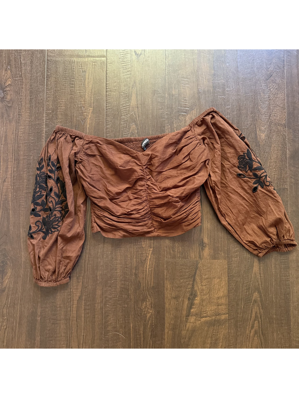 Express Y2K Inspired Brown Cotton Embroidered Puff Sleeve Ruched Crop Top Boho